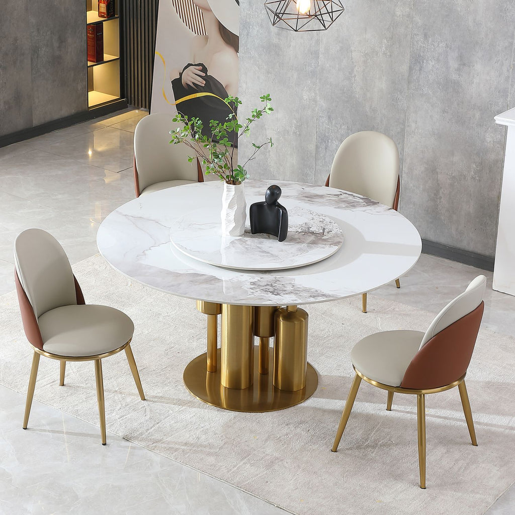 Modern Marble Dining Table, 59" Round Sintered Stone Table for Dining Room, Kitchen, Dinette, Compact Space With Lazy Susan(4 chairs)