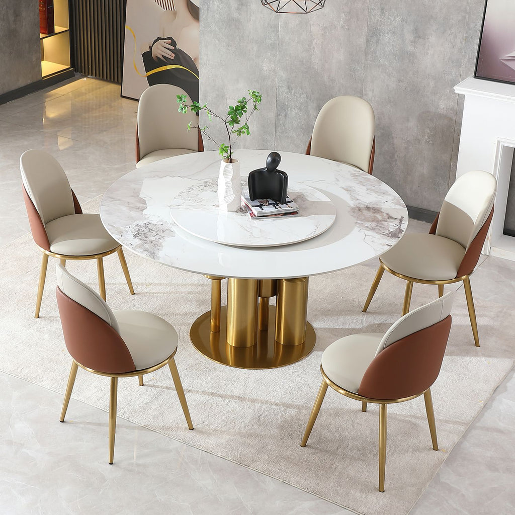 Modern Marble Dining Table, 59" Round Sintered Stone Table for Dining Room, Kitchen, Dinette, Compact Space With Lazy Susan(6 chairs)