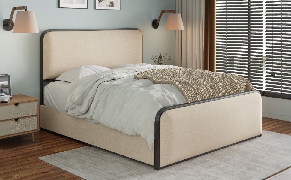 Modern Metal Bed Frame with Curved Upholstered Headboard and Footboard Bed with 4 Storage Drawers, Heavy Duty Metal Slats, King Size, Beige