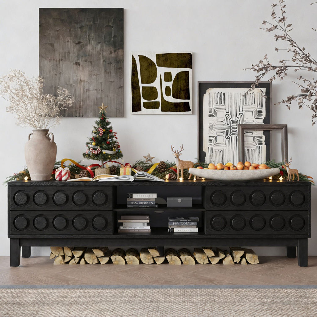 Modern Mid-Century Media Console with 4 Drawers and Cable Management, TV Console Table for TVs up to 75",Entertainment Center for Living Room and Office(Black)