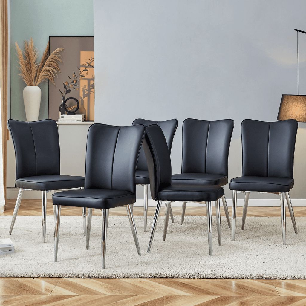 Modern minimalist dining chairs, black PU leather curved backrest and seat cushions, electroplated metal chair legs, suitable for restaurants, bedrooms, and living rooms. A set of 6 chairs.