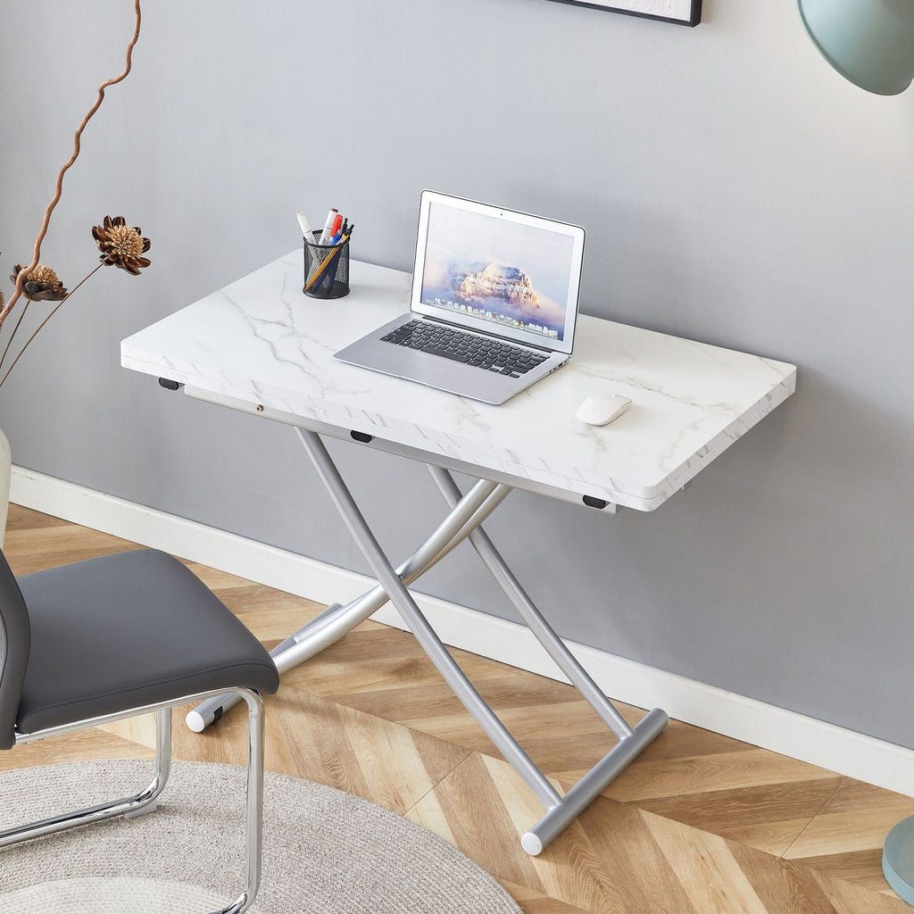 Modern minimalist multifunctional lift table with 0.8 inch thick MDF desktop and silver metal legs, can be used as a dressing table, coffee table, dining table, and office table.W1151126194