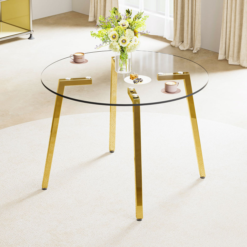 Modern minimalist style circular transparent tempered glass table, tempered glass tabletop, golden metal legs, suitable for kitchen, dining room, and living room, 42 "* 42" * 29.5 "1123r