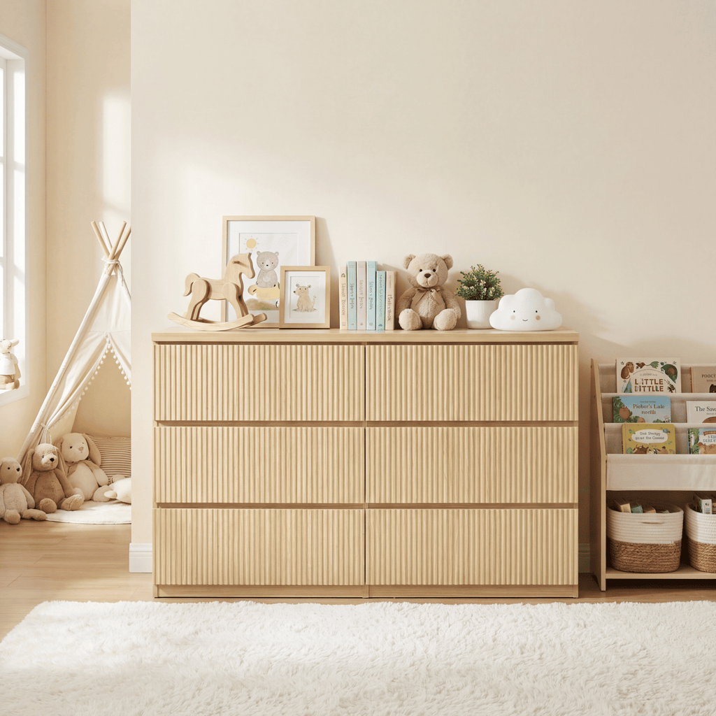 Modern Natural Wood 6 Drawer Dresser, Wave Panel Drawer Fronts, Storage Cabinet, Versatile Chest of Drawers for Bedroom, Living Room - Sleek & Spacious Home Storage Solution