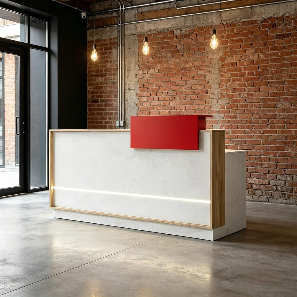 Modern Reception Desk with Counter & LED Lighting, Small Front Desk with Locking Drawer, Keyboard Tray & Cable Grommets, White Stone & Wood for Salon, Boutique, Retail Store & Office (63IN, Left)