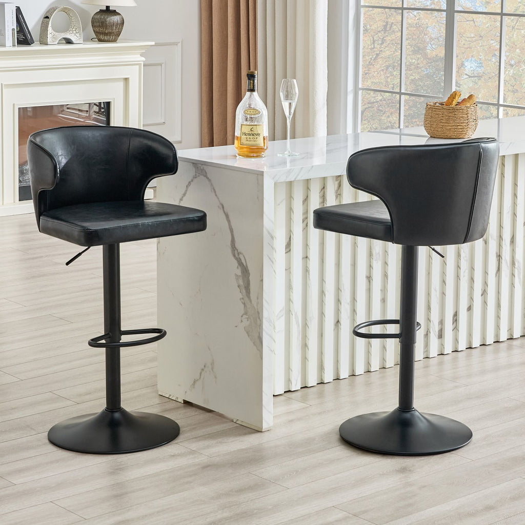 Modern rotating adjustable bar chair, oil wax belt backrest swivel chair, suitable for kitchen bar counter and dining room, adjustable height, capable of bearing 300 pounds (black -2 pieces)