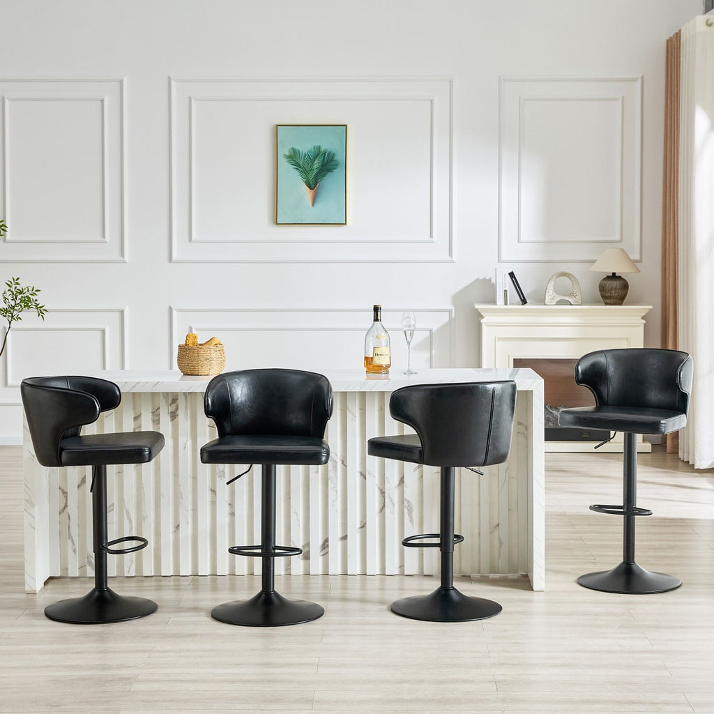Modern rotating adjustable bar chair, oil wax belt backrest swivel chair, suitable for kitchen bar counter and dining room, adjustable height, capable of bearing 300 pounds (black -4 pieces)