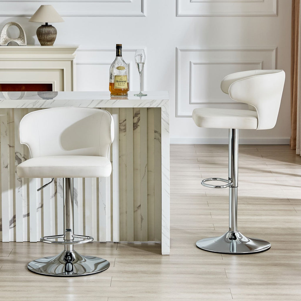 Modern rotating adjustable bar chair, PU leather belt backrest swivel chair, suitable for kitchen bar counter and dining room, adjustable height, capable of bearing 300 pounds (white -2 pieces)