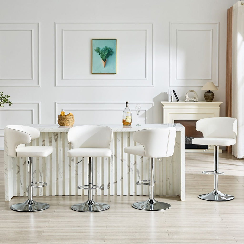 Modern rotating adjustable bar chair, PU leather belt backrest swivel chair, suitable for kitchen bar counter and dining room, adjustable height, capable of bearing 300 pounds (white -4 pieces)