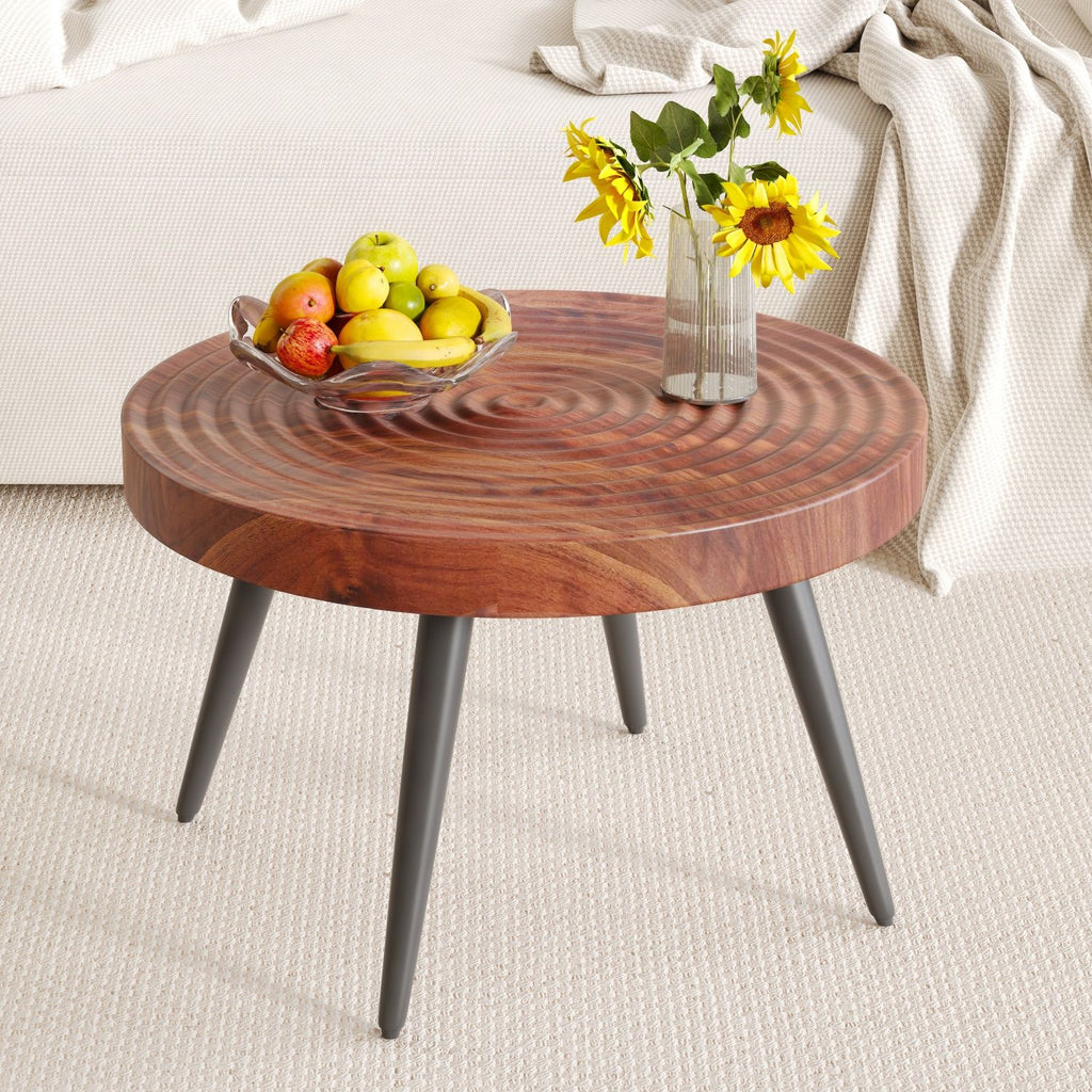 Modern Round Coffee Table - Annular Texture, Durable and Robust With a Diameter of 23.6 inches.Exquisite Suction Molding Process,Walnut Color Pattern Design,Black Sprayed Metal Leg.