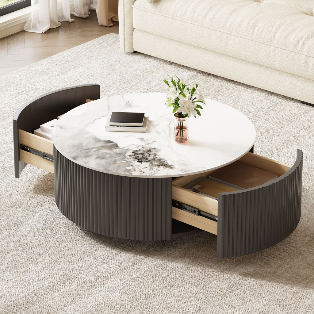 Modern Round Movable Coffee Table with Casters, 2 Drawers, Marble Pattern Sintered Stone Top, Grey, 29.5"