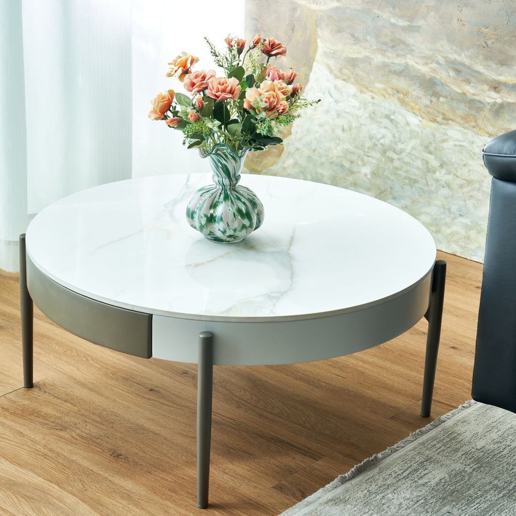 Modern Round White & reall wood color Coffee Table with Drawers and metal legs,Drum Coffee Table with Golden Legs Circular Center Table with ceramic Pattern Top for Living Room Apartment Office-White