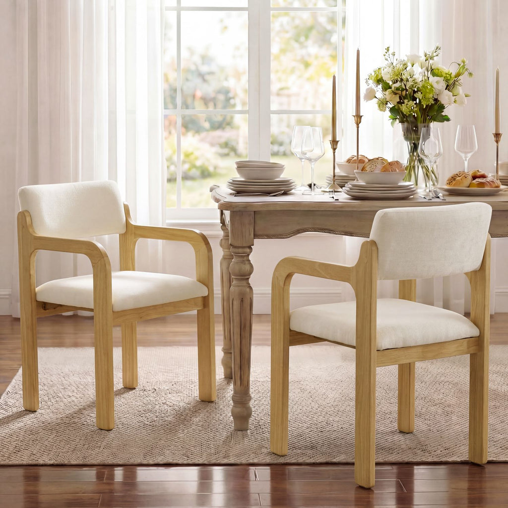 Modern Rubber Wood Dining Chairs, Upholstered Fabric Armchairs(Set of 2),Natural wood + Beige fabric