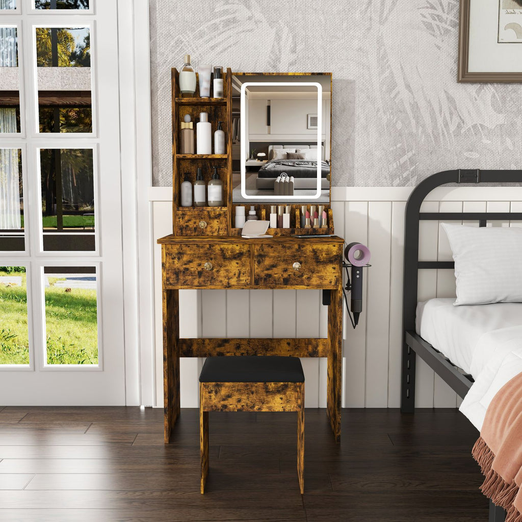 Modern small Vanity Desk ,featuring 3 modes of LED lighting with adjustable brightness, 3 drawers and multiple open storage shelves, a hair dryer holder and power socket, and a dressing chair. brown
