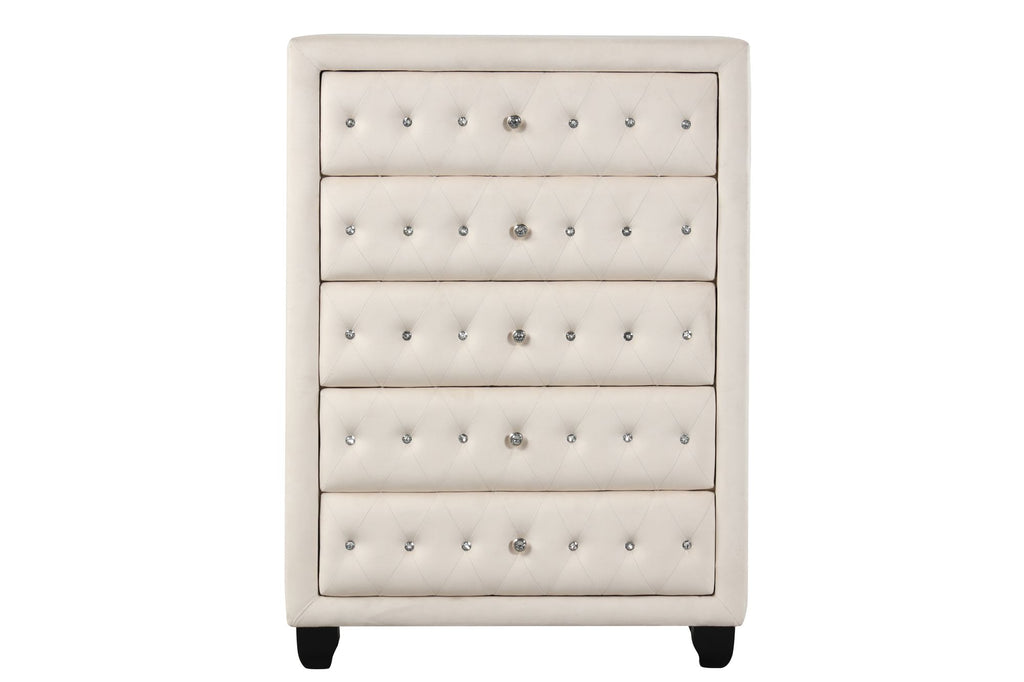 Modern Style Crystal Tufted Upholstery 5-Drawer Chest finished with Velvet Fabric made with Wood in Cream
