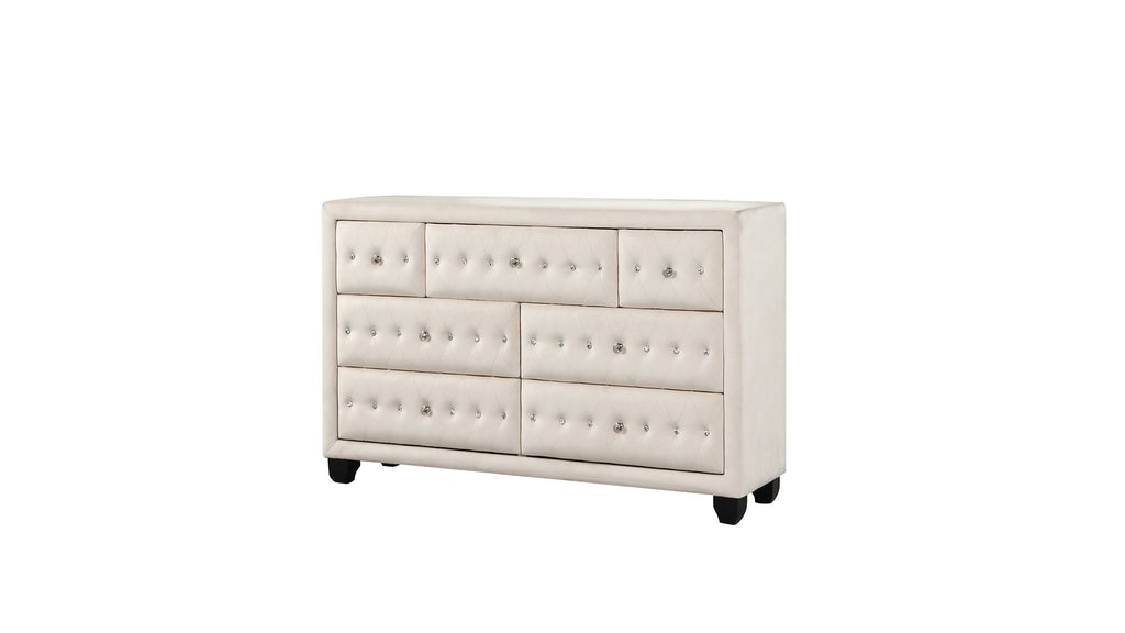 Modern Style Crystal Tufted Upholstery 5-Drawer Chest finished with Velvet Fabric made with Wood in Cream