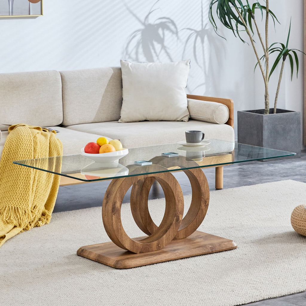Modern Style Glass Top MDF Coffee Table with Natural Wood Color Base - Suitable for Living Rooms and Lounge Areas, with Product Dimensions of 47.2*25.6*17.8