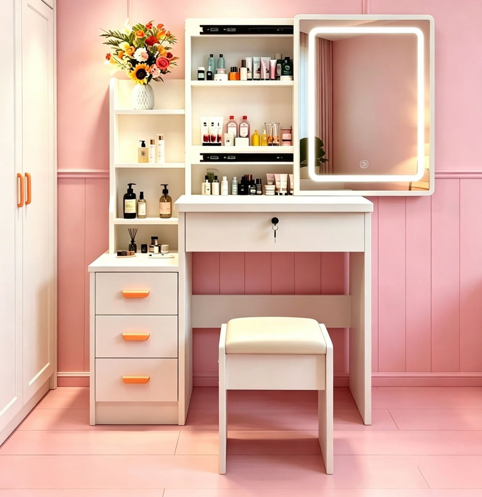 Modern-style white vanity set includes LED-lit mirror, bedroom makeup table with storage and cushioned stool; suitable for teens and adults home dressing rooms/bedrooms