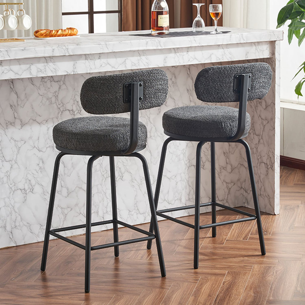 Modern Swivel Bar Stools Set of 2, Boucle Upholstered Counter Height Bar Chairs with Metal Legs & Footrest, 360° Swivel Barstools for Kitchen Island, Dining Room, Dark Grey