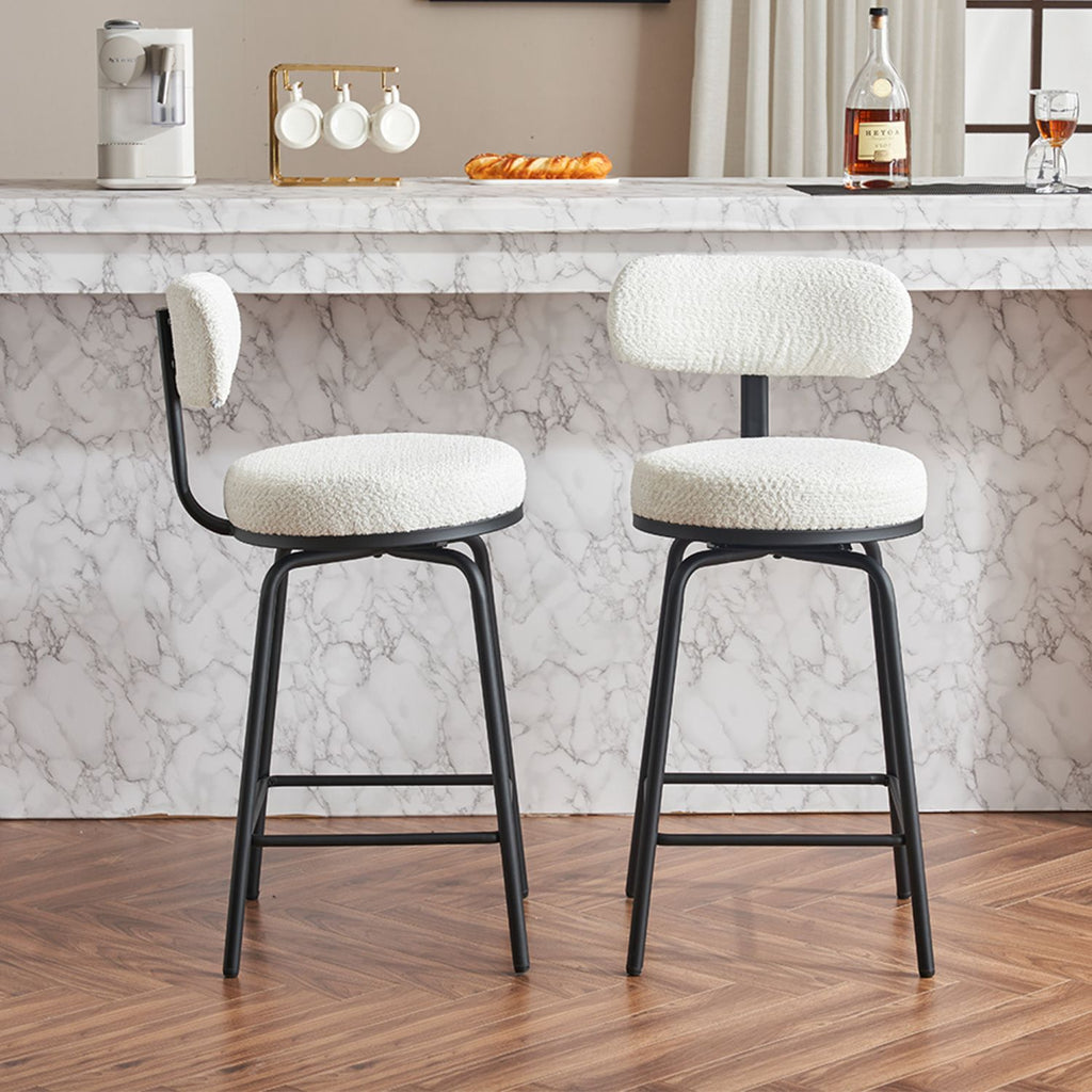 Modern Swivel Bar Stools Set of 2, Boucle Upholstered Counter Height Bar Chairs with Metal Legs & Footrest, 360° Swivel Barstools for Kitchen Island, Dining Room, White