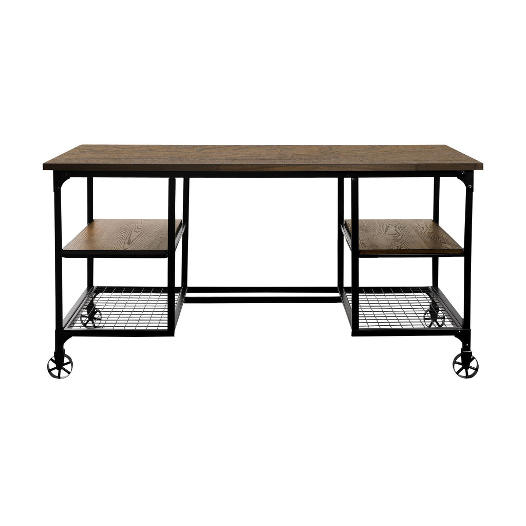 Modern Traditional Aesthetic 1pc Writing Desk with 4x Shelves Metal Casters Natural Finish and Rustic Black Metal Finish