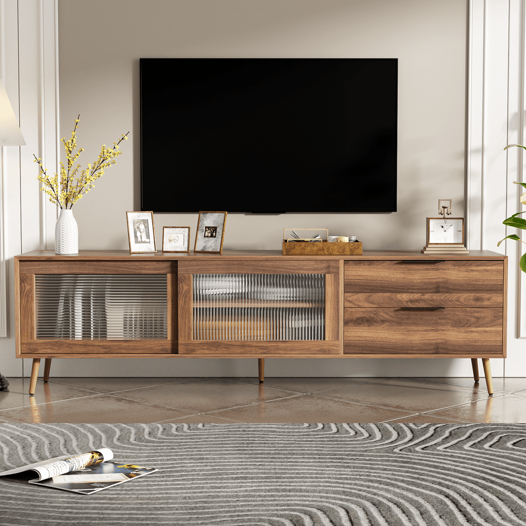 Modern TV Stand for 75"+ TV, TV Console with 2 Glass Doors, Entertainment Center with 2 Drawers & Storage Cabinet, 70" Media Console Table for Living Room, Bedroom