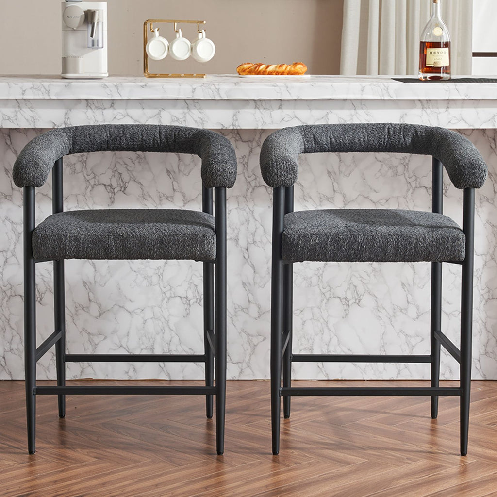 Modern Upholstered Bar Stools Set of 2, Boucle Fabric Counter Height Chairs with Metal Frame & Armrests, Kitchen Island Bar Chairs for Home, Dining Room, Cafe,Dark Grey