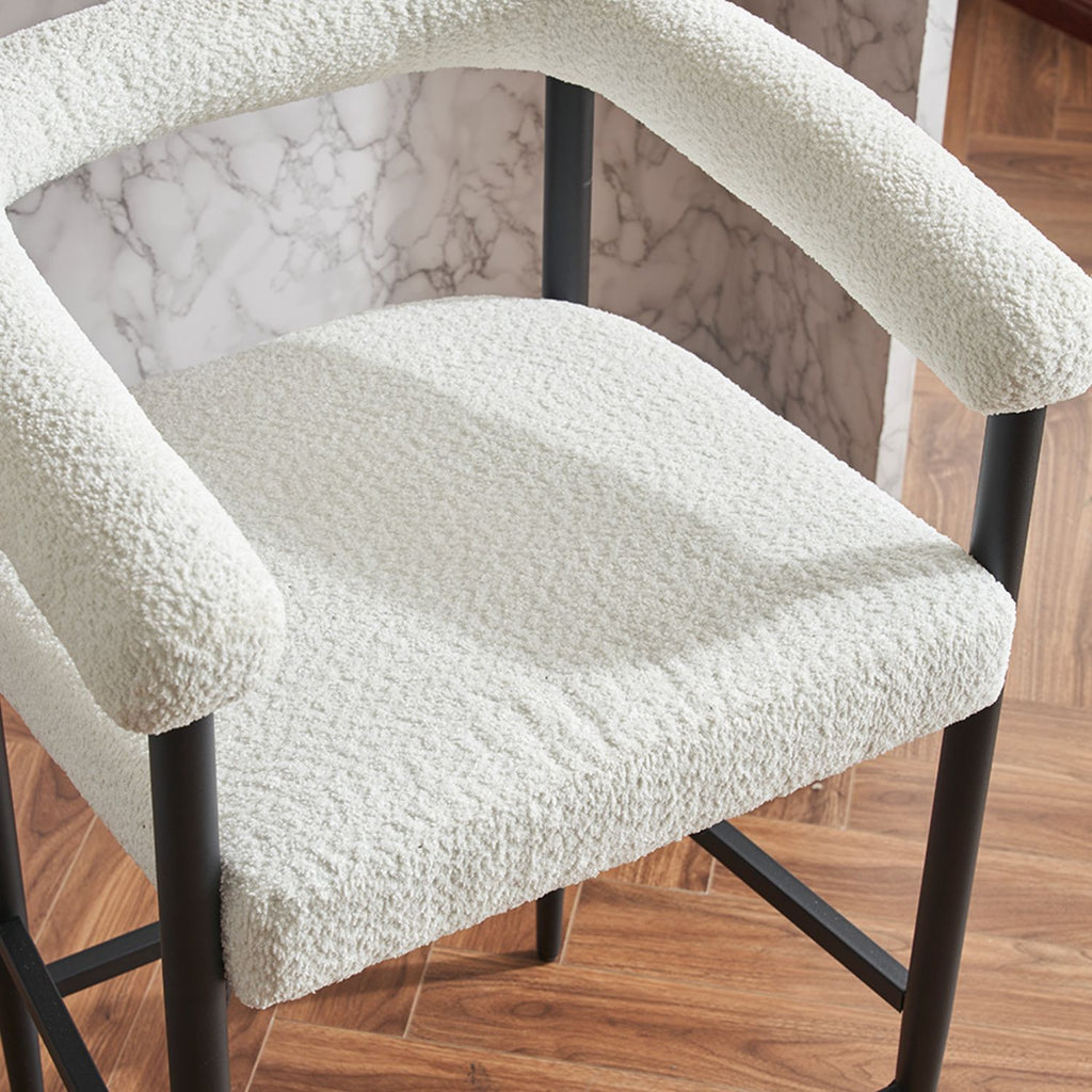 Modern Upholstered Bar Stools Set of 2, Boucle Fabric Counter Height Chairs with Metal Frame & Armrests, Kitchen Island Bar Chairs for Home, Dining Room, Cafe,White