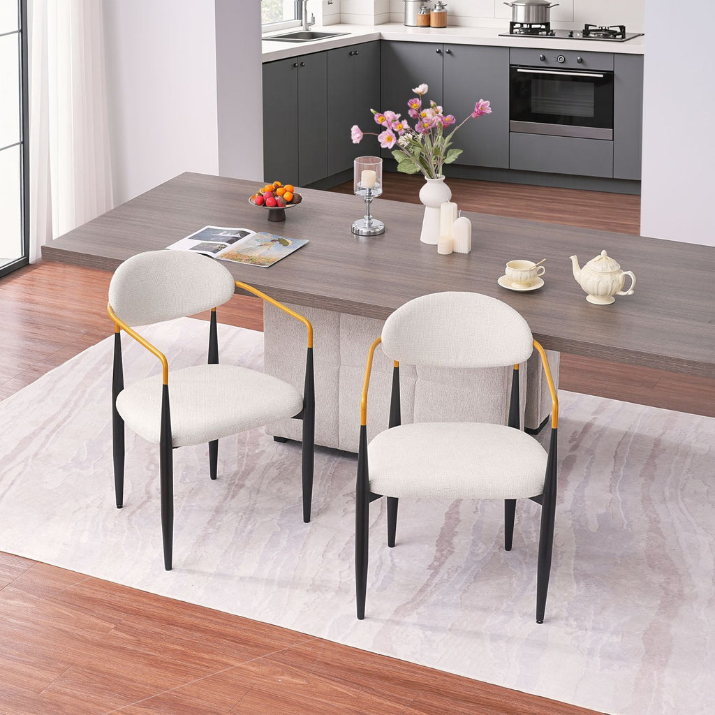 Modern Upholstered Dining Chair with Gold-Accented Armrests - 22"W x 21"D x 30"H, Ergonomic Design for Home Dining Room or Office Use,Set of 2 - Beige Fabric Seat & Black Metal Frame