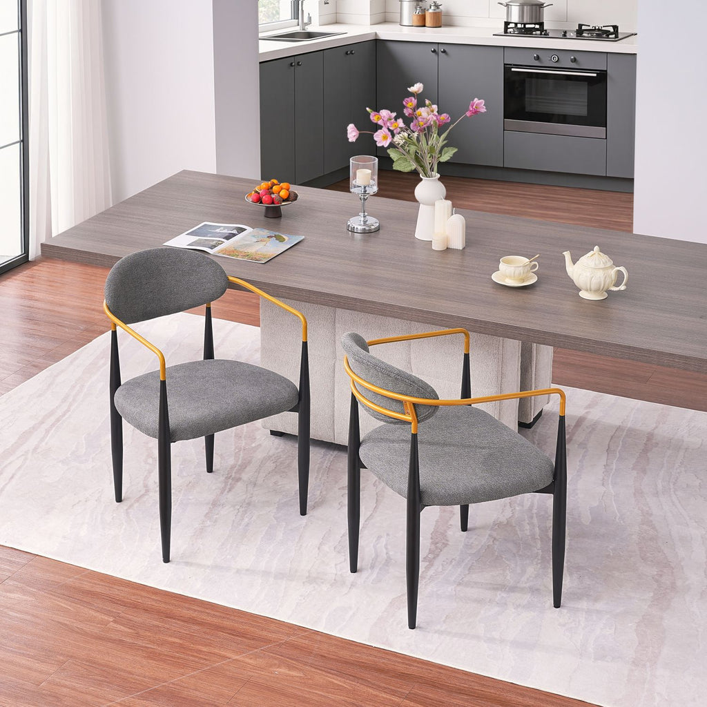 Modern Upholstered Dining Chair with Gold-Accented Armrests - 22"W x 21"D x 30"H, Ergonomic Design for Home Dining Room or Office Use,Set of 2 - Grey Fabric Seat & Black Metal Frame