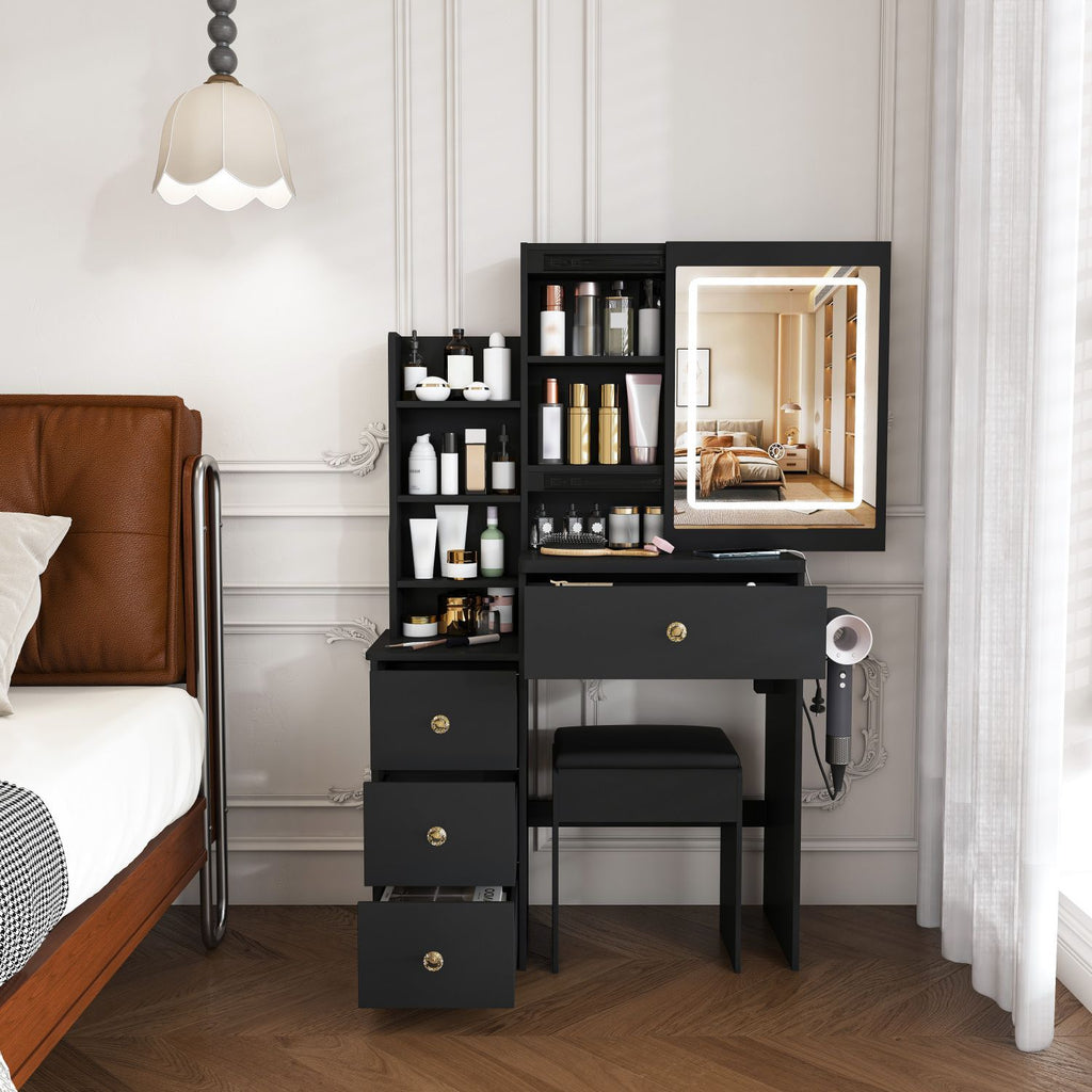 Modern Vanity Desk ,featuring 3 modes of LED lighting with adjustable brightness , with 4 drawers and multiple open storage shelves, with a hair dryer holder and power socket, a dressing chair. Black