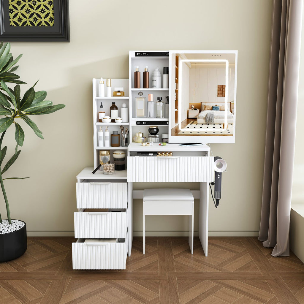 Modern Vanity Desk ,featuring 3 modes of LED lighting with adjustable brightness , with 4 drawers and multiple open storage shelves, with a hair dryer holder and power socket, a dressing chair.white