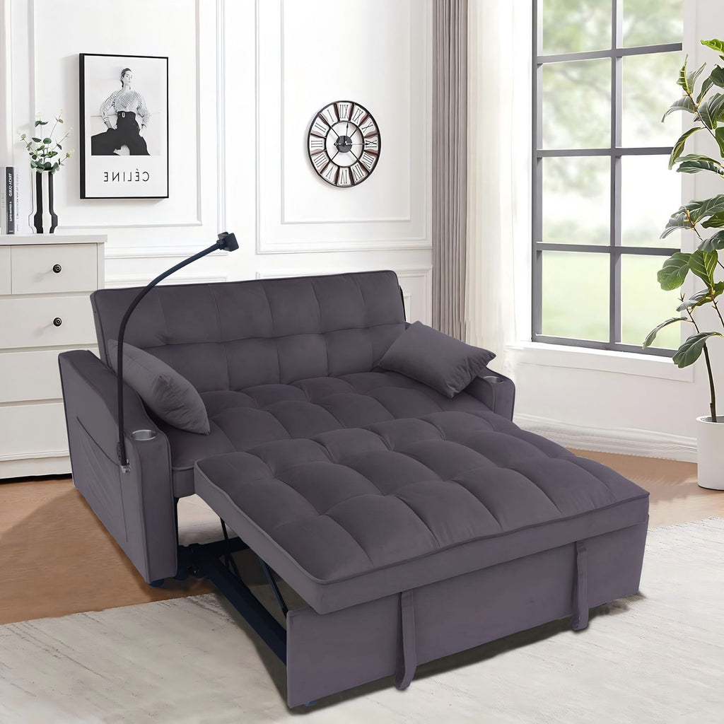 Modern Velvet Loveseat Futon Sofa Couch w/Pullout Bed,Small Love Seat Lounge Sofa with adjustable Reclining Backrest,Toss Pillows, Pockets,Furniture for Living Room,3 in 1 Convertible Sleeper Sofa Bed