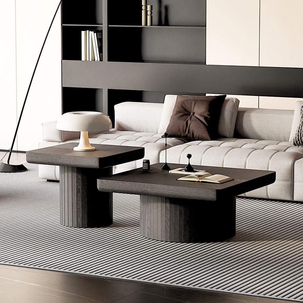 Modern Wood Nesting Coffee Table Set, 2-Piece Coffee Table with Cylindrical & Fluted Pedestal, Minimalist Center Table & Side Table for Wabi-Sabi Decor, Versatile Nesting Tables for Living Room, Black
