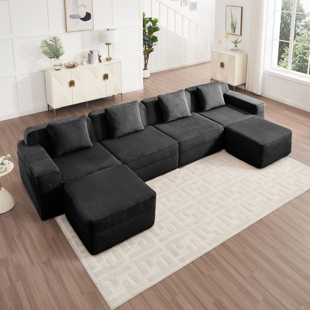 Modular 4 Seat U Shape Sectional Boneless Sofa, Cloud Sectional Couch with Deep Seat, Modern Modular 4-Seat Sofa Couch with Throw Pillows and 2 Movable Ottomans, Corduroy Fabric Black