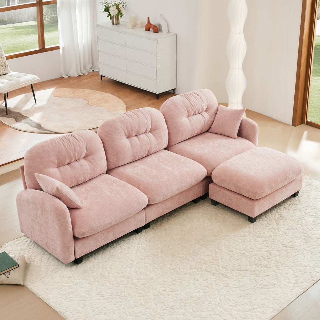 Modular Sectional L Shaped Couch With Ottoman,Premium Chenille Fabric,Quilted Pleated Design,Ergonomic Design Easy Install,Fits Bedrooms,Living Rooms Reading Nooks,Pink