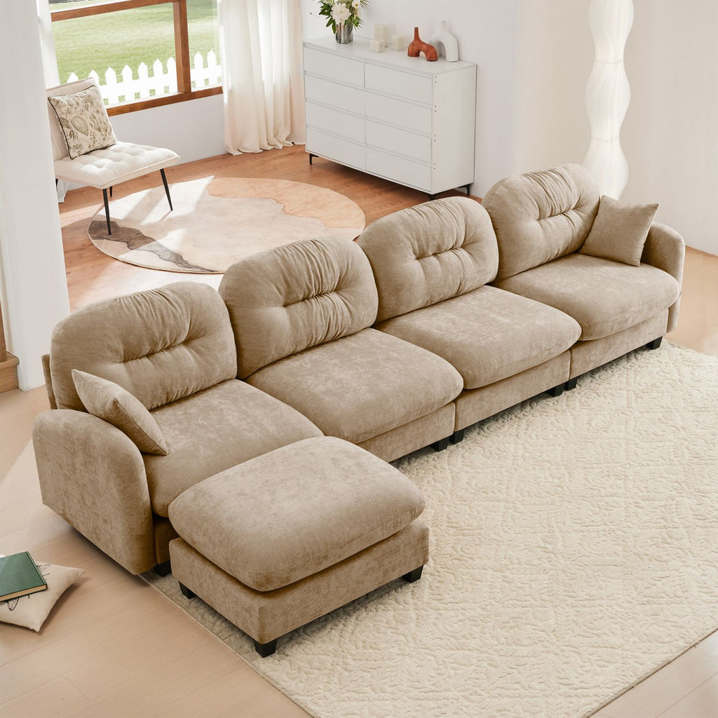Modular Sectional L Shaped Couch With Ottoman,Soft Chenille Fabric,Ergonomic Design,Quilted Pleated Design,High Quality Wooden Base Easy Install,Fits Bedrooms Living Rooms Reading Nooks,Camel