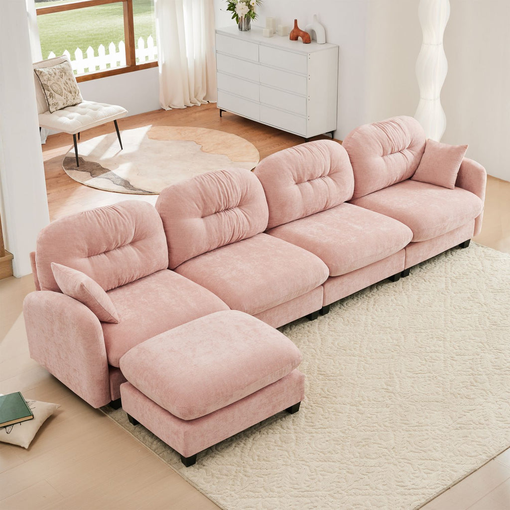 Modular Sectional L Shaped Couch With Ottoman,Soft Chenille Fabric,Ergonomic Design,Quilted Pleated Design,High Quality Wooden Base Easy Install,Fits Bedrooms Living Rooms Reading Nooks,Pink