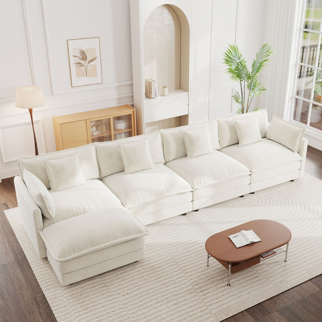 Modular Sectional Sofa for Living Room,U Shaped Couch 4 Seater Convertible Sectional Couch with 1 Ottoman ,White Chenille
