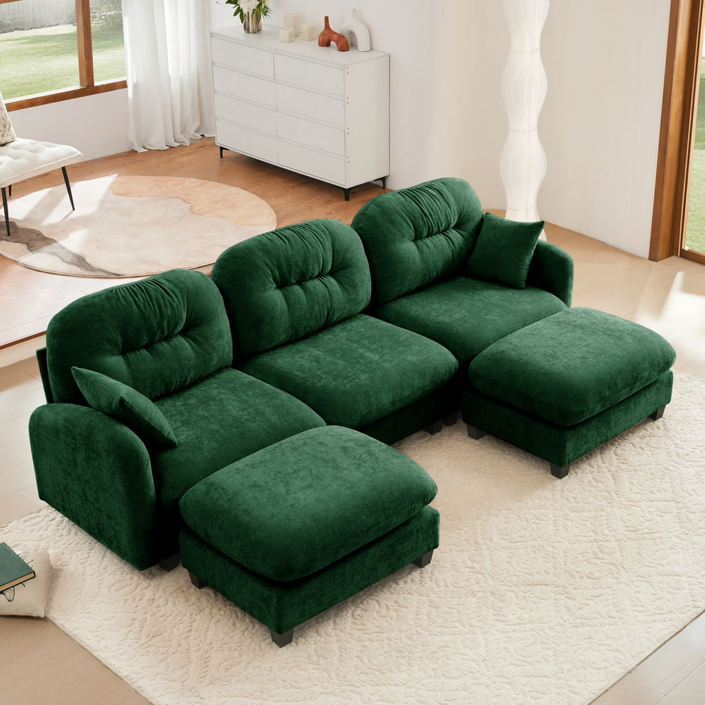 Modular Sectional U Shaped Couch With Ottoman,Premium Chenille Fabric,With 2 Throw Pillows, High-Density Foam Quilted Pleated Design,Easy Install,Fits Bedrooms,Reading Nooks,Green