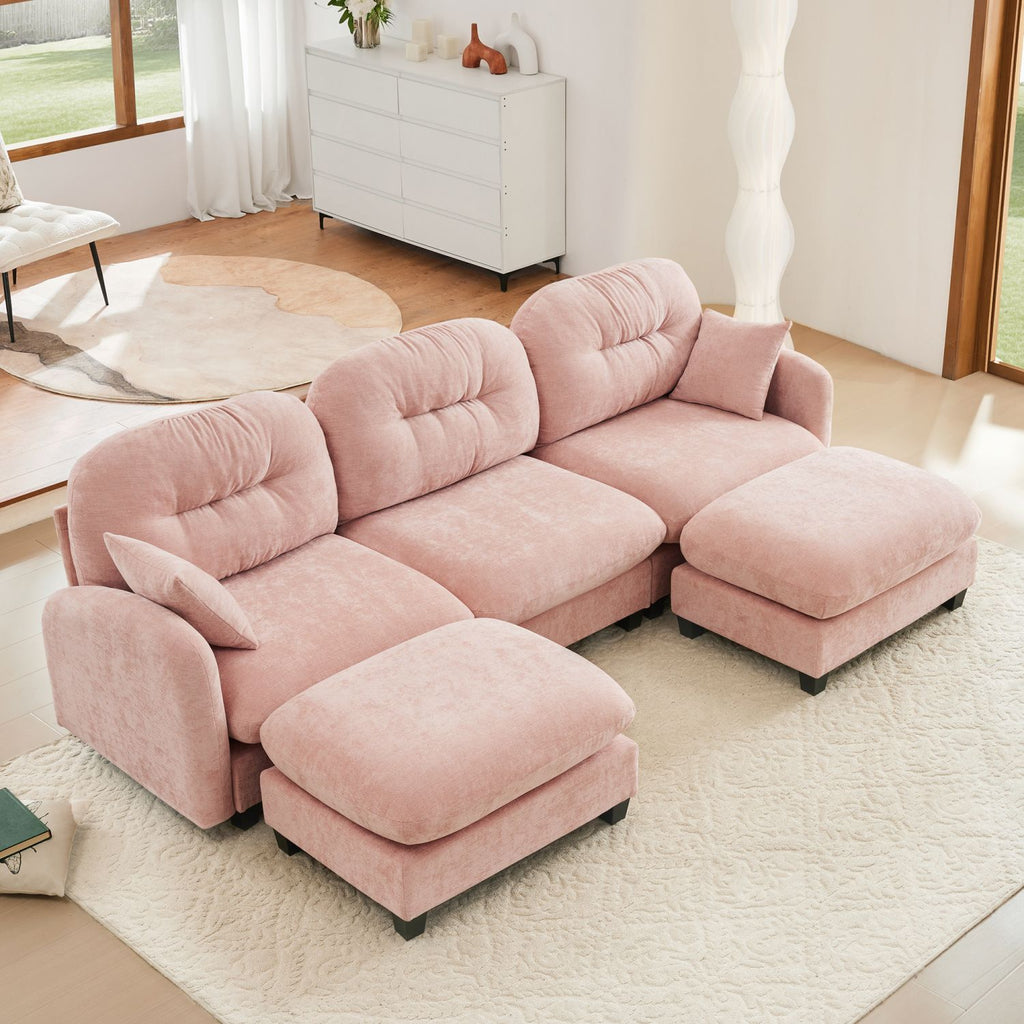 Modular Sectional U Shaped Couch With Ottoman,Premium Chenille Fabric,With 2 Throw Pillows,High-Density Foam Quilted Pleated Design,Easy Install,Fits Bedrooms,Reading Nooks,Pink