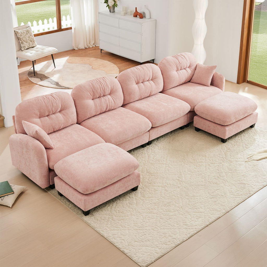 Modular Sectional U Shaped Couch With Ottoman,Soft Chenille Fabric Quilted Pleated Design,High-Density Foam Ergonomic design,Elegant Armrests,Easy Install Fits Bedrooms Living Rooms,Pink