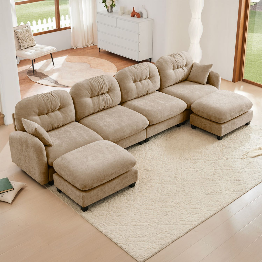 Modular Sectional U Shaped Couch With Ottoman,Soft Chenille Fabric,Quilted Pleated Design,High-Density Foam Ergonomic design,Elegant Armrests,Easy Install Fits Bedrooms Living Rooms,Camel