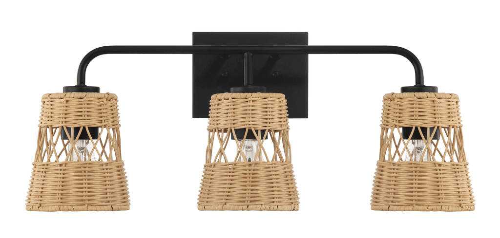 Moonlit Three Lights Wall Sconce With Rattan Shade, Bathroom Lighting Fixtures Over Mirror