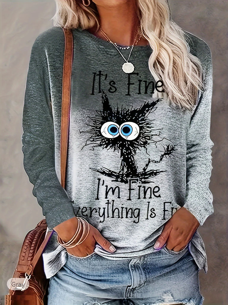 Women's Casual Cat Print Crew Neck Long Sleeve T-Shirt Soft Cotton Blend for Spring and Fall