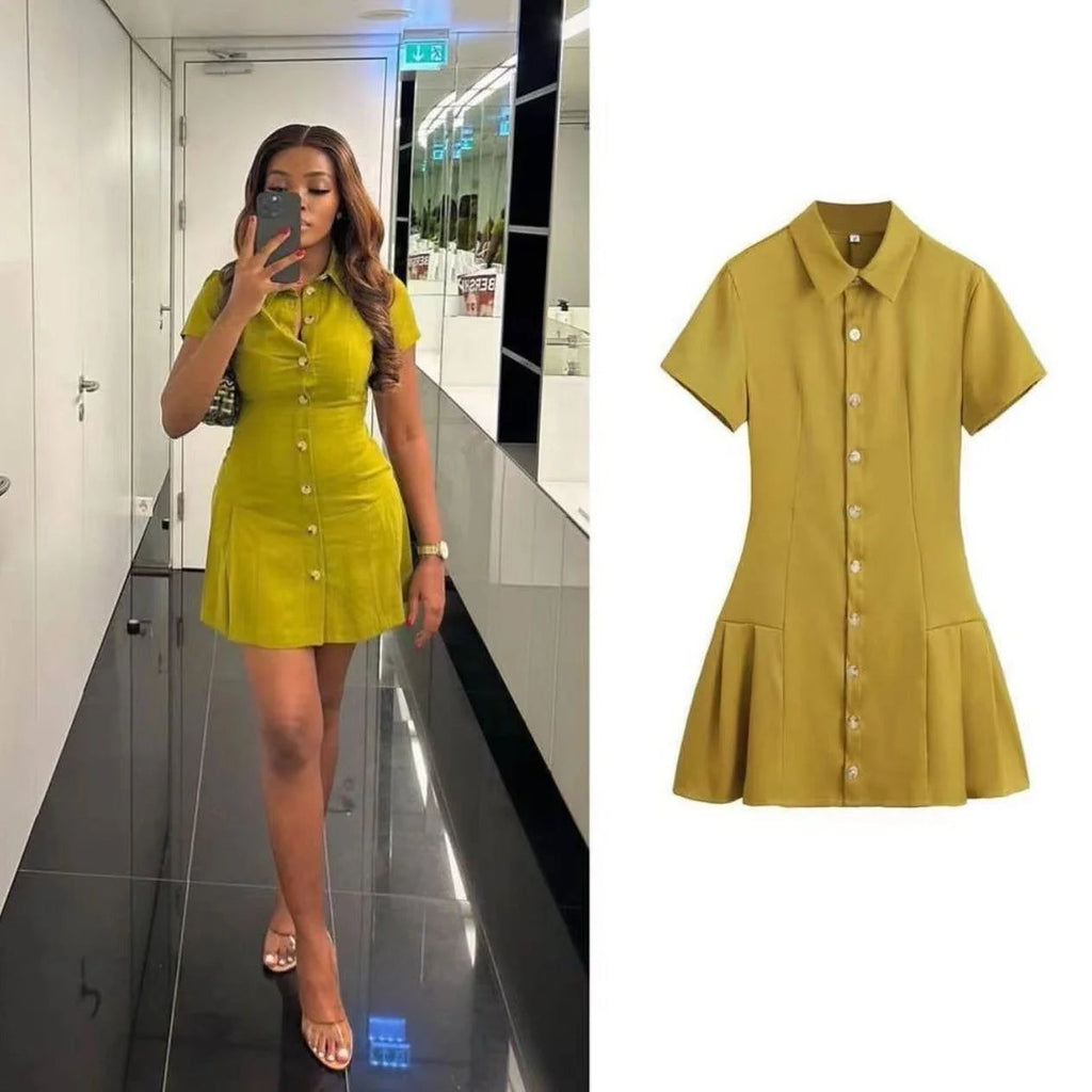 Women's Casual Polo Collar Short Sleeve Mini Dress with Slimming Fit and Fashionable Style