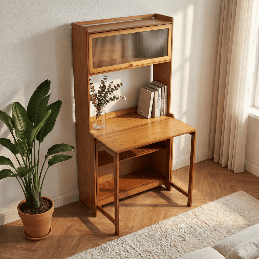 Multi functional bamboo folding table, space saving, suitable for office use, suitable for indoor, bedroom, living room, study and other places, easy to open and close folding design
