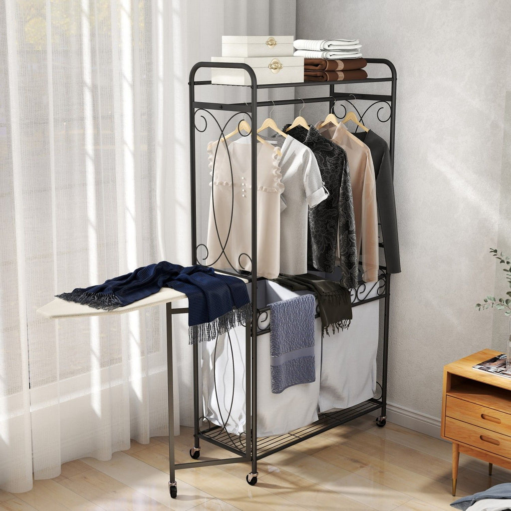 Multi-Functional Laundry Hamper Organizer with Hanging Rail and Storage Shelf – Rolling Laundry Cart with Wheels, Heavy Duty Metal Frame for Bathroom, Laundry Room, or Bedroom Organization