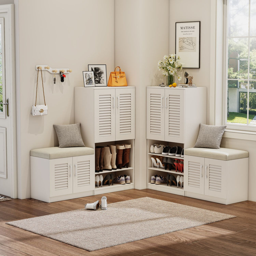 Multi functional Shoe Storage Cabinet with Bench & 7+3 Storage compartment, Adjustable layer board
, Shoe Bench with Cushion for Entryway, Freestanding Shoe Rack for Entryway, Mudroom, Hallway,white