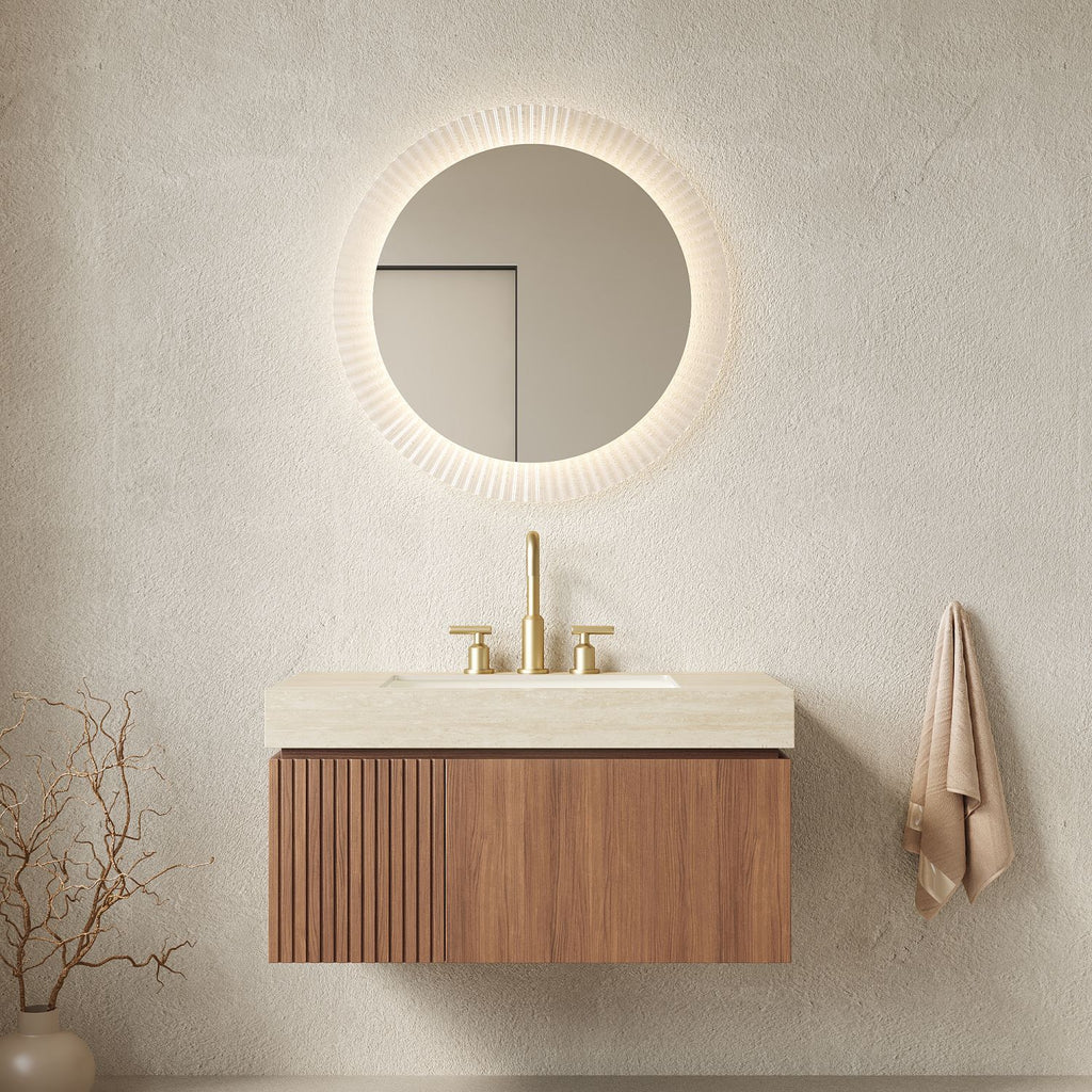 MURI 36" Bathroom Vanity&Sink, Floating Plywood Storage Cabinet with Drawer&Door, Roma Travertine Sintered Stone Top&Ceramic Basin with 3 Pre-drilled Faucet Holes, Pre-assembled, Brown Oak Woodgrain